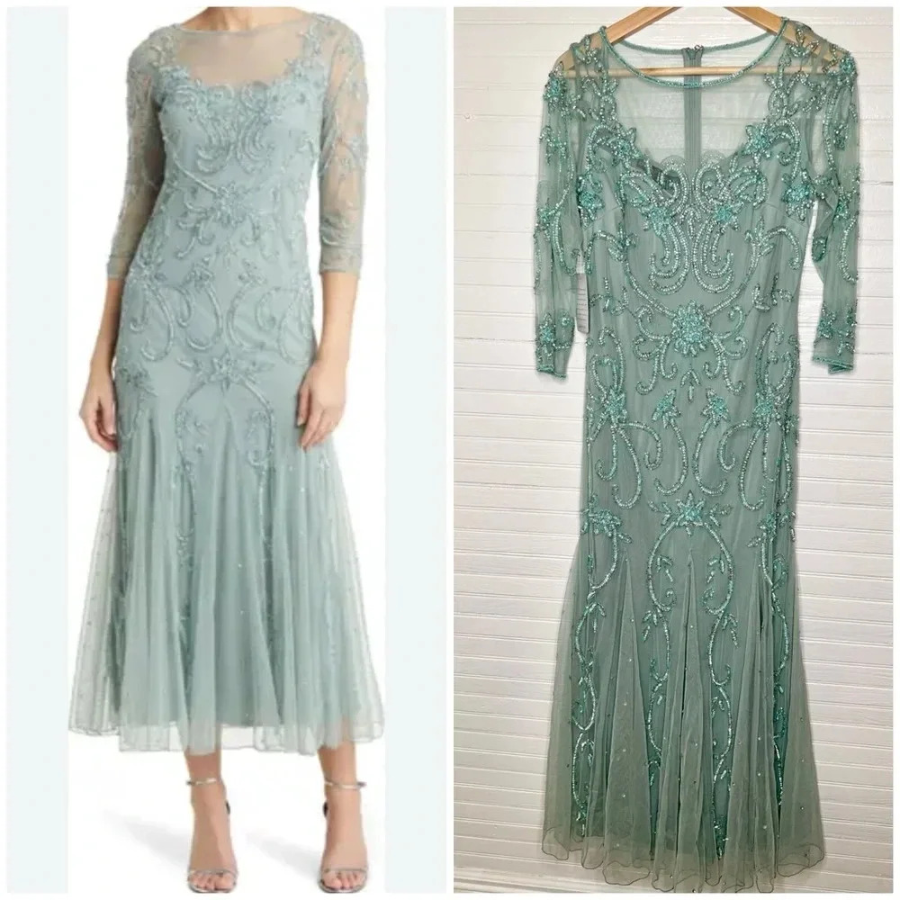 Pisarro Nights Mint Green Beaded Illusion Long Sleeve Gown
